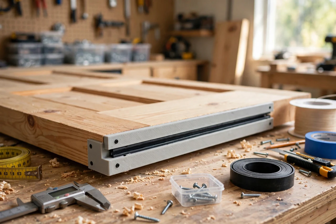 View of the finished 3D printed door draft strip guide in use on a home improvement project on a workbench, tidy workshop background in soft focus, bright natural light
