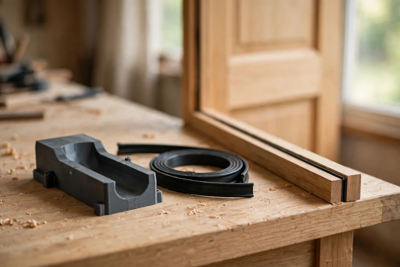 Home workshop scene on a light oak workbench, a matte charcoal-gray 3D printed door draft strip guide beside a draft strip and a door, soft natural window light, shallow depth of field