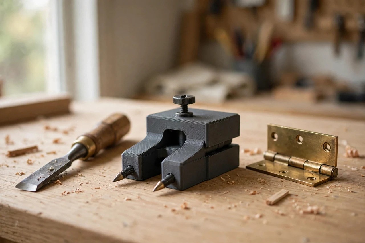 Home workshop scene on a light oak workbench, a matte charcoal-gray 3D printed door hinge mortise gauge beside a chisel and a hinge leaf, soft natural window light, shallow depth of field