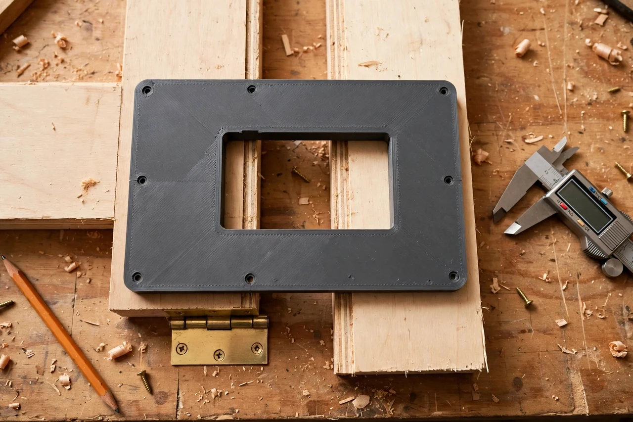 Close-up top-down view of a matte charcoal-gray 3D printed door hinge mortise routing template being test-fitted against interior door slabs and butt hinges on a workbench, calipers and a pencil nearby, warm workshop lighting