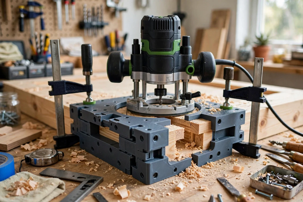 View of the finished 3D printed door hinge mortise routing template in use on a home repair project on a workbench, tidy workshop background in soft focus, bright natural light