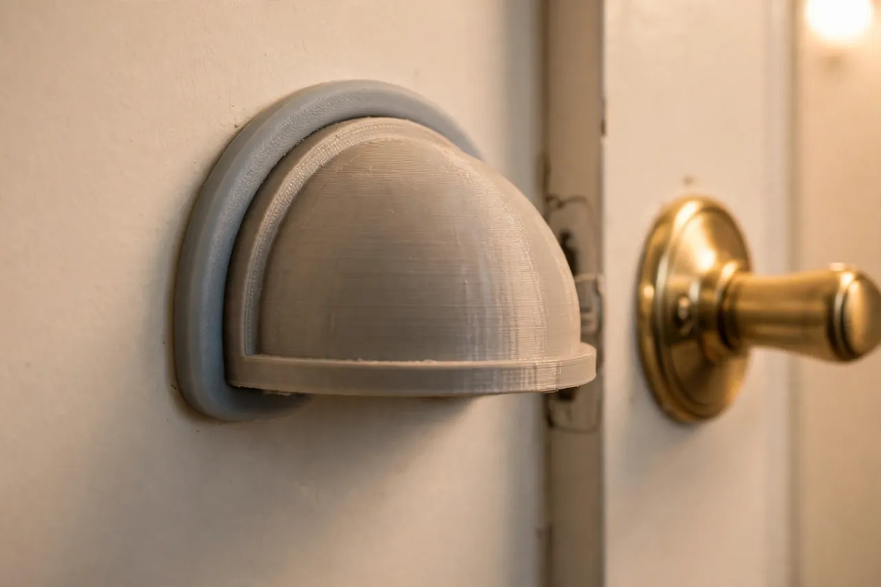 Close-up of a 3D printed wall guard being fitted to a wall at knob height, showing the shallow dome profile, soft TPU contact ring