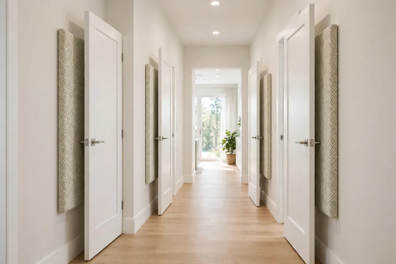 A finished hallway with matching printed wall guards behind every door