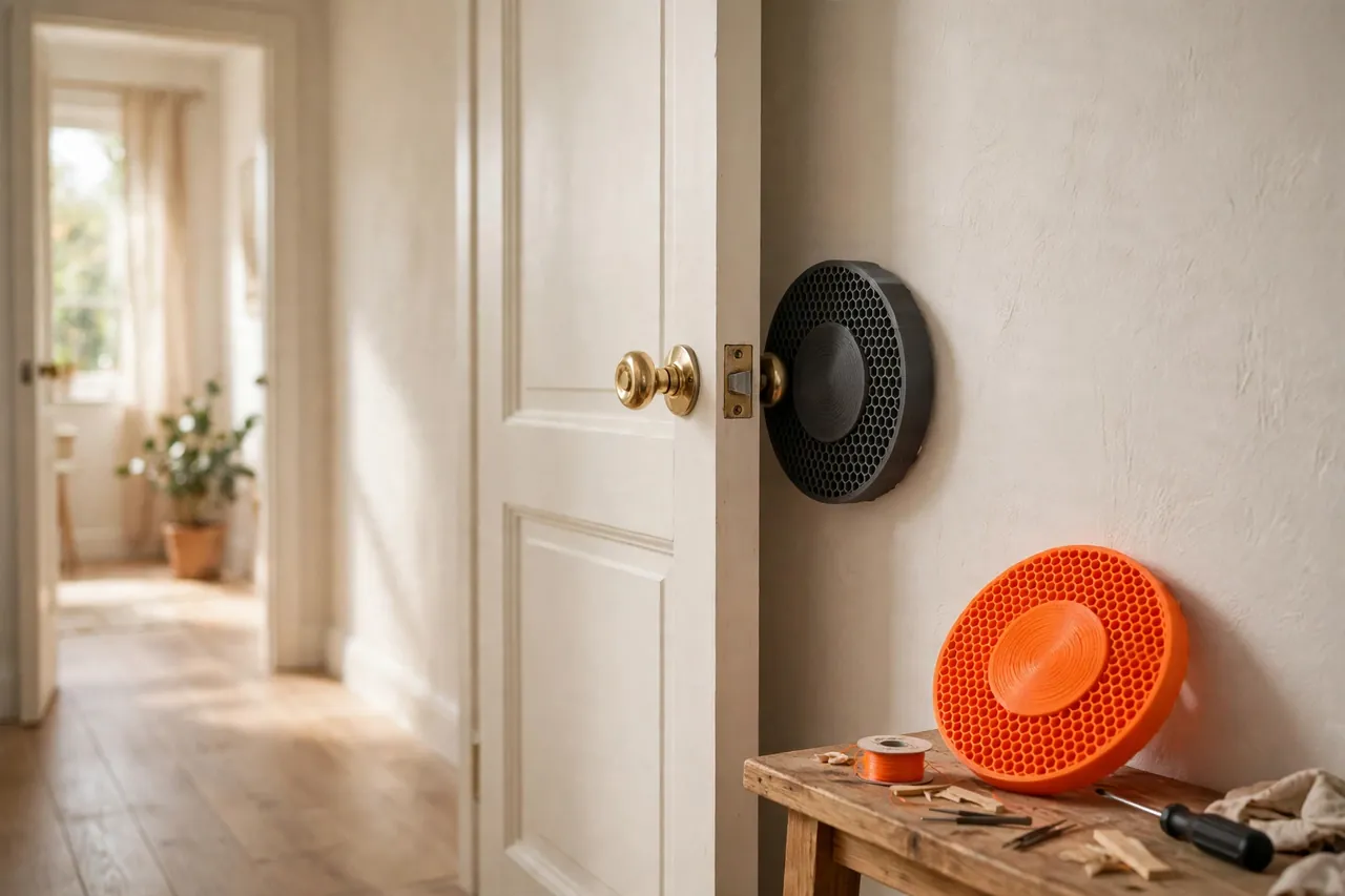 A bright hallway with a door opened against a wall fitted with a matte charcoal-gray 3D printed knob wall guard disc exactly where the knob lands