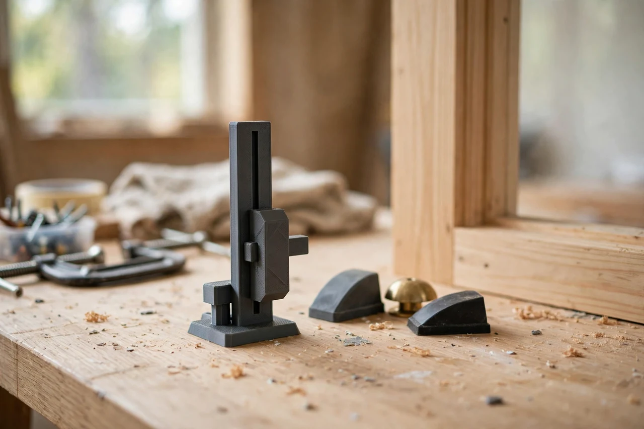 Home workshop scene on a light oak workbench, a matte charcoal-gray 3D printed door stop height gauge beside door stops and a door frame, soft natural window light, shallow depth of field