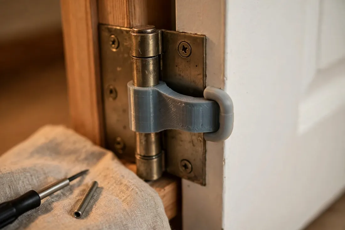 Close-up of a door hinge with a 3D printed hinge-pin stop in place