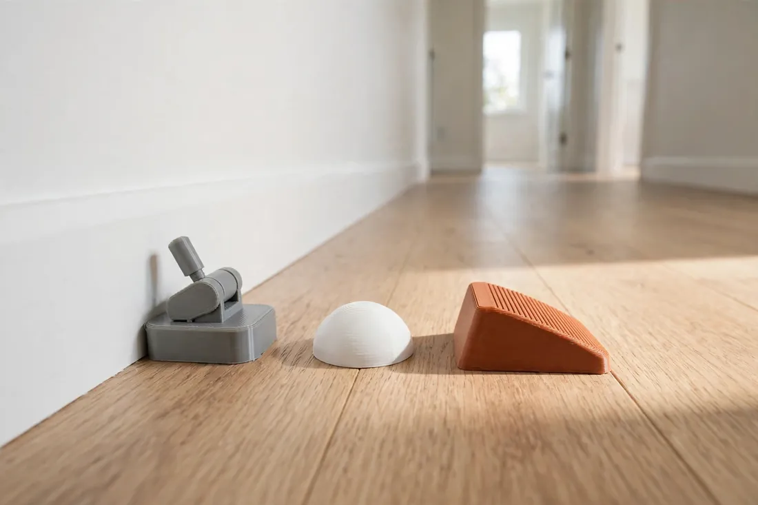 Low-angle view along a light wood floor showing three 3D printed door stops in a row beside a baseboard — a hinge-pin stop