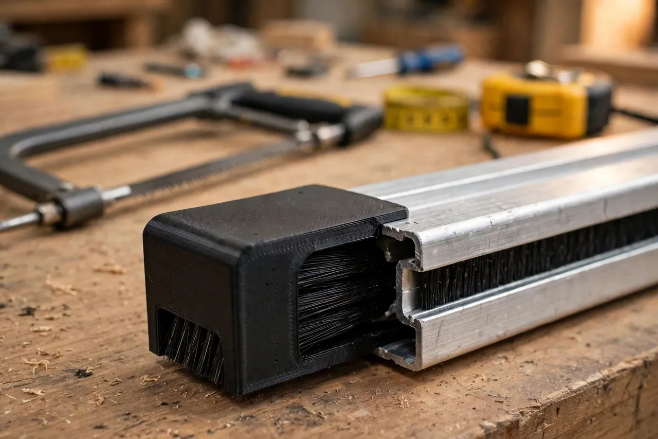 Close-up view of a 3D printed door sweep end cap in matte black plastic sliding onto the end of an aluminum door sweep bar