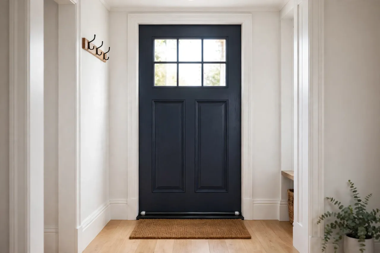 A finished exterior door viewed from inside a bright hallway