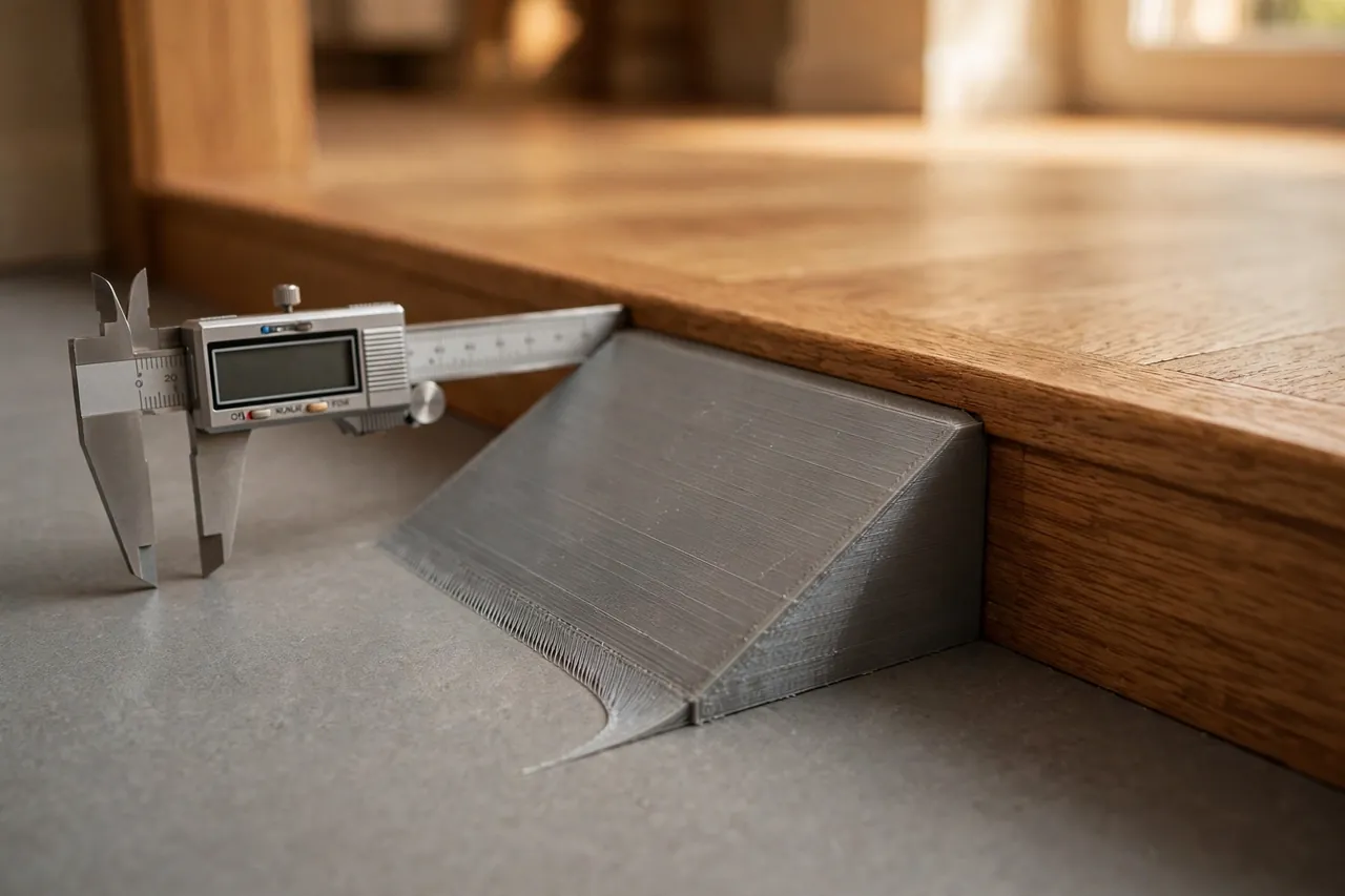 Close-up of a 3D printed transition ramp section being test-fitted against a flooring lip, showing the wedge profile