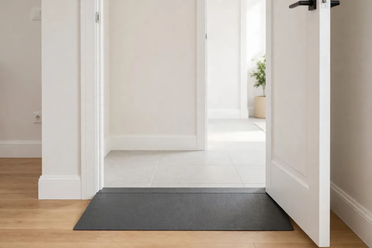 A finished doorway with the printed transition ramp fitted across its full width