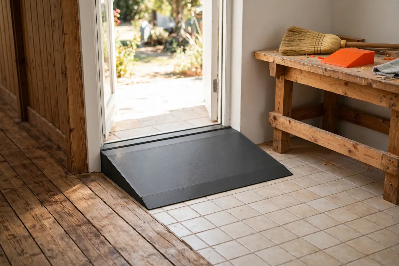 A bright doorway between a wooden hallway floor and a tiled kitchen floor