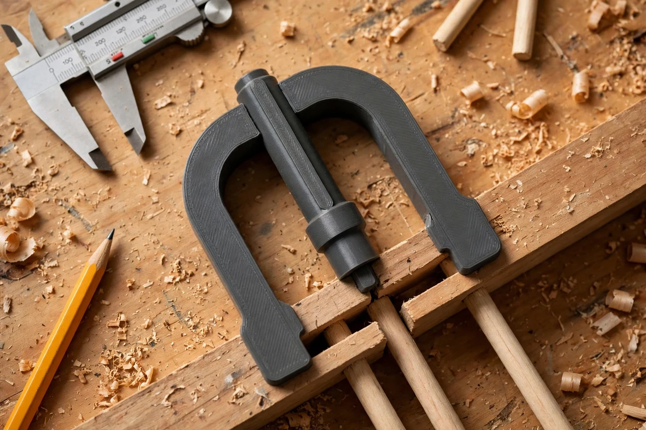 Close-up top-down view of a matte charcoal-gray 3D printed dowel center marking gauge being test-fitted against dowel joints and board edges on a workbench, calipers and a pencil nearby, warm workshop lighting