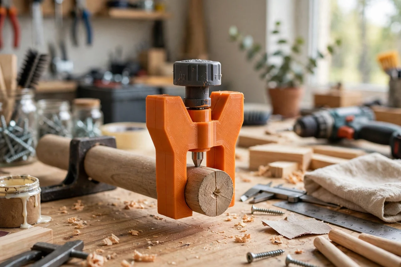 View of the finished 3D printed dowel center marking gauge in use on a home repair project on a workbench, tidy workshop background in soft focus, bright natural light
