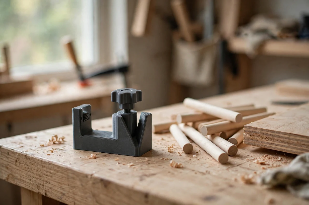 Home workshop scene on a light oak workbench, a matte charcoal-gray 3D printed dowel center marking gauge beside wooden dowels and a board edge, soft natural window light, shallow depth of field
