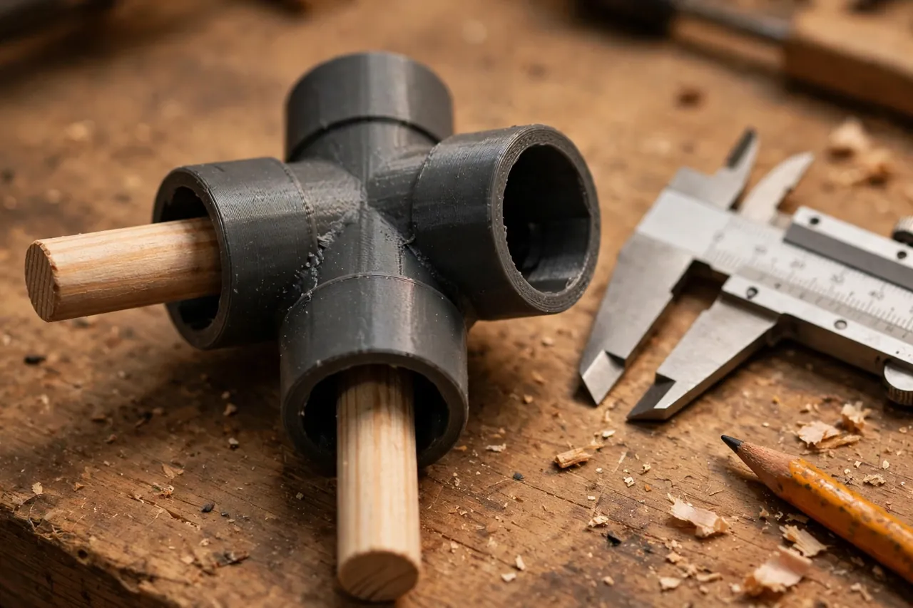 Close-up of a matte charcoal-gray 3D printed three-way dowel connector with wooden dowels pushed into two of its sockets on a workbench, calipers