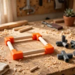 A bright home workshop scene with a small square frame built from light wooden dowels joined by bright-orange 3D printed corner connectors