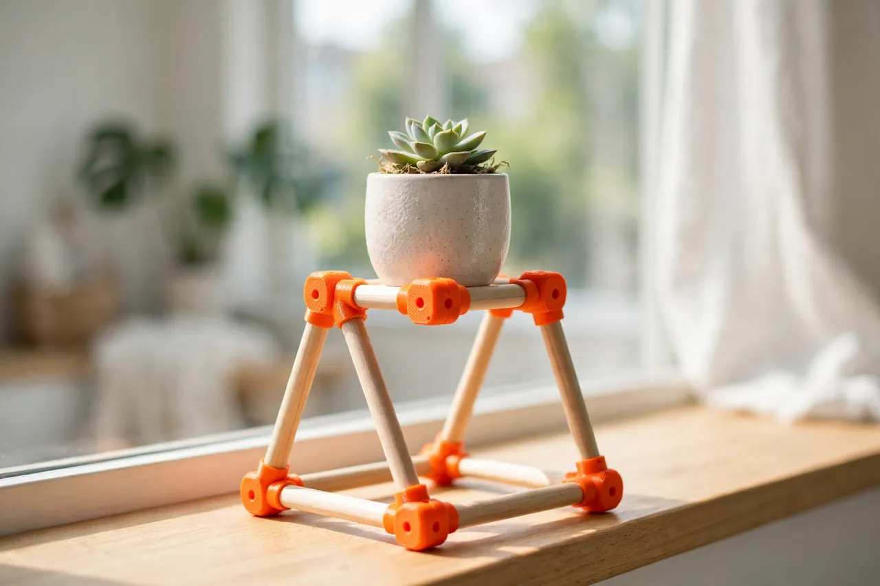 A finished lightweight dowel frame stand holding a small potted plant on a bright windowsill