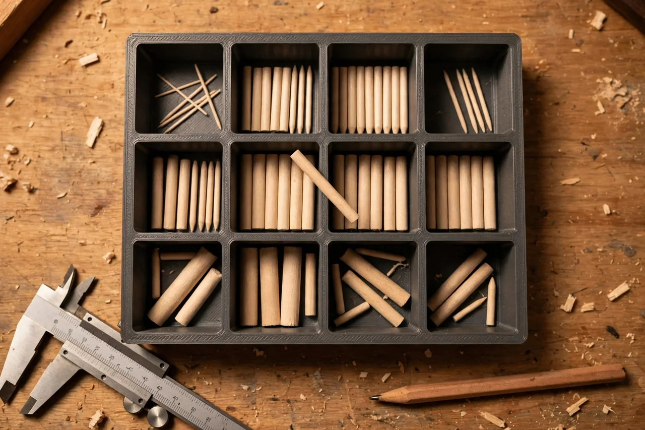 Close-up top-down view of a matte charcoal-gray 3D printed dowel pin assortment box being test-fitted with dowel pins by size on a workbench, calipers and a pencil nearby, warm workshop lighting