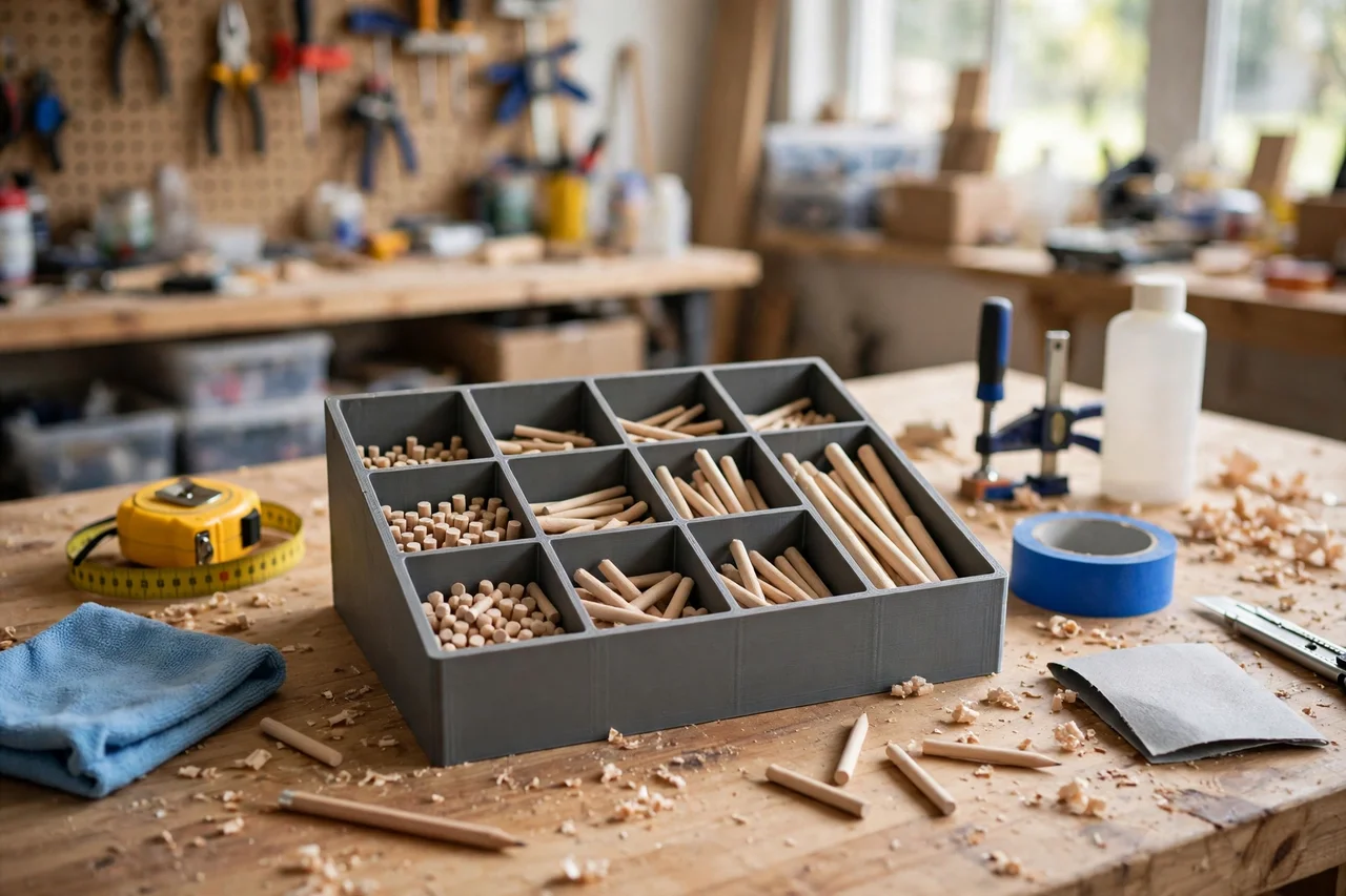 View of the finished 3D printed dowel pin assortment box in use during a home repair tidy-up on a workbench, tidy workshop background in soft focus, bright natural light