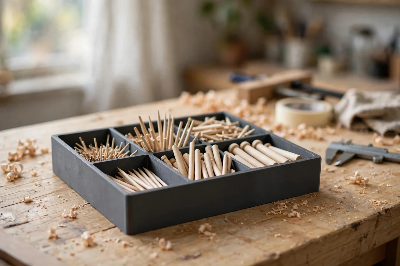 Home workshop scene on a light oak workbench, a matte charcoal-gray 3D printed dowel pin assortment box holding dowel pins by size, soft natural window light, shallow depth of field