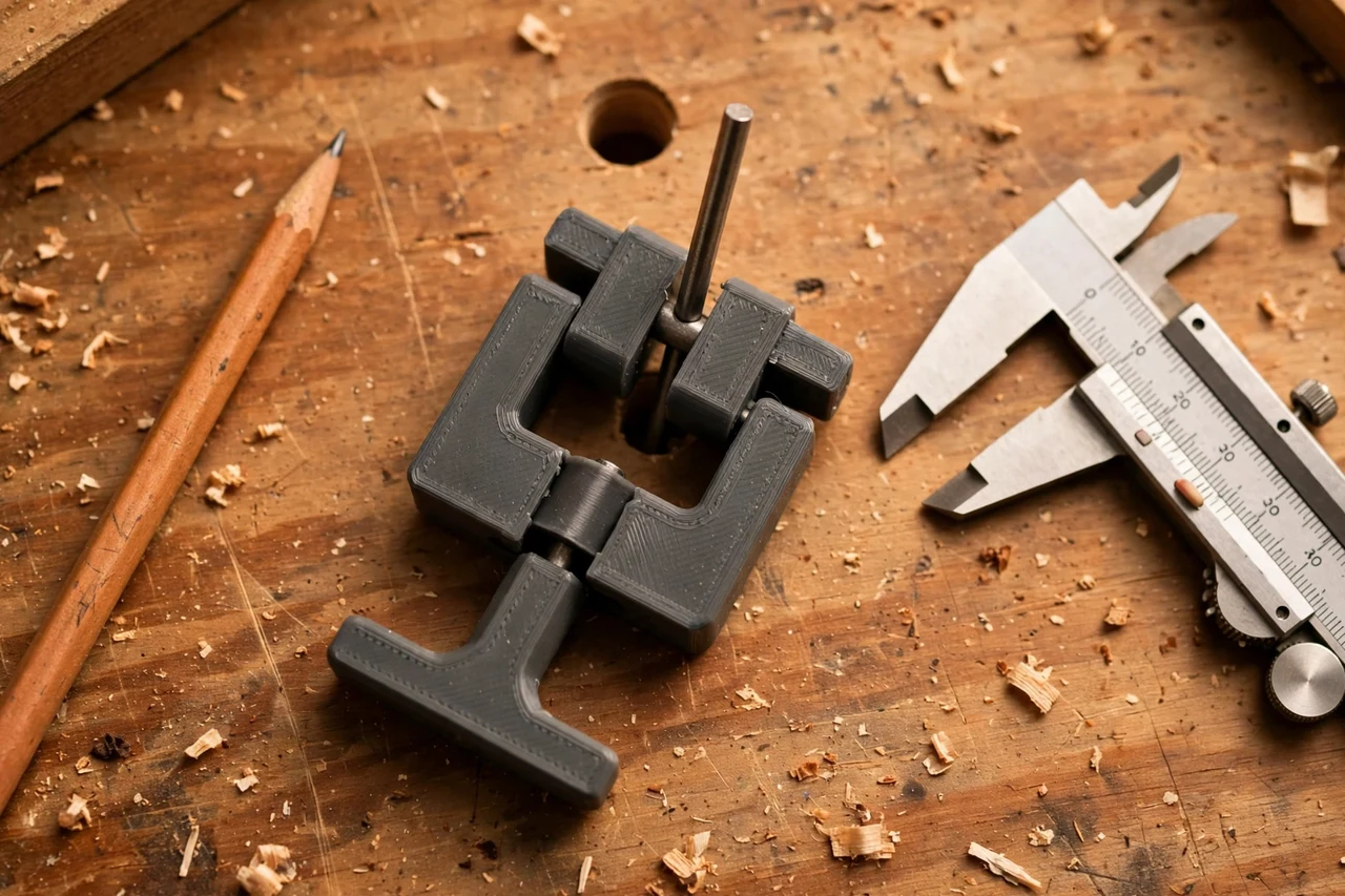 Close-up top-down view of a matte charcoal-gray 3D printed dowel pin puller tool being test-fitted against a dowel pin stuck in a drilled hole on a workbench, calipers and a pencil nearby, warm workshop lighting