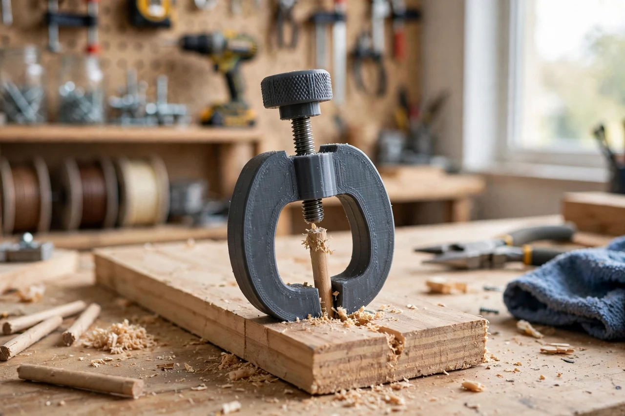 View of the finished 3D printed dowel pin puller tool in use on a home repair project on a workbench, tidy workshop background in soft focus, bright natural light