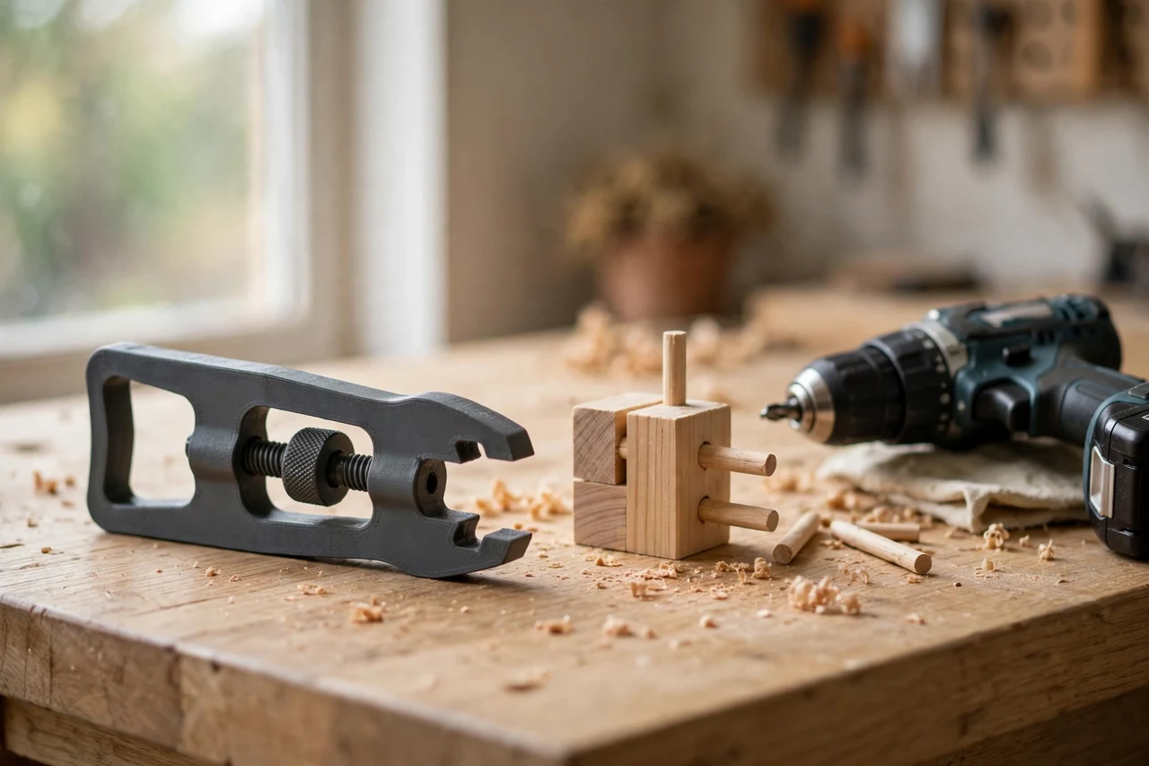 Home workshop scene on a light oak workbench, a matte charcoal-gray 3D printed dowel pin puller tool beside a dowel joint sample and a drill, soft natural window light, shallow depth of field