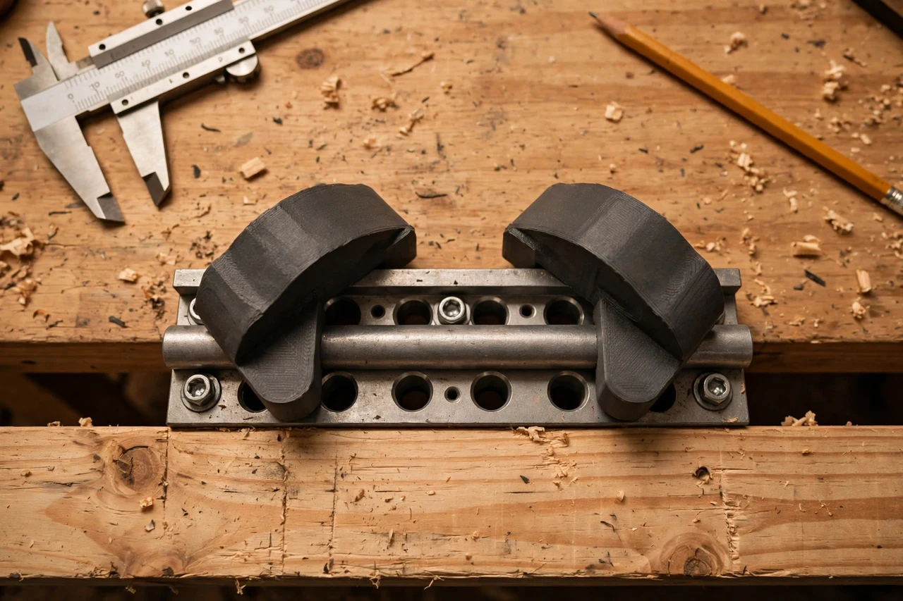 Close-up top-down view of a matte charcoal-gray 3D printed doweling jig clamp pads being test-fitted against a doweling jig pressed against a board edge on a workbench, calipers and a pencil nearby, warm workshop lighting