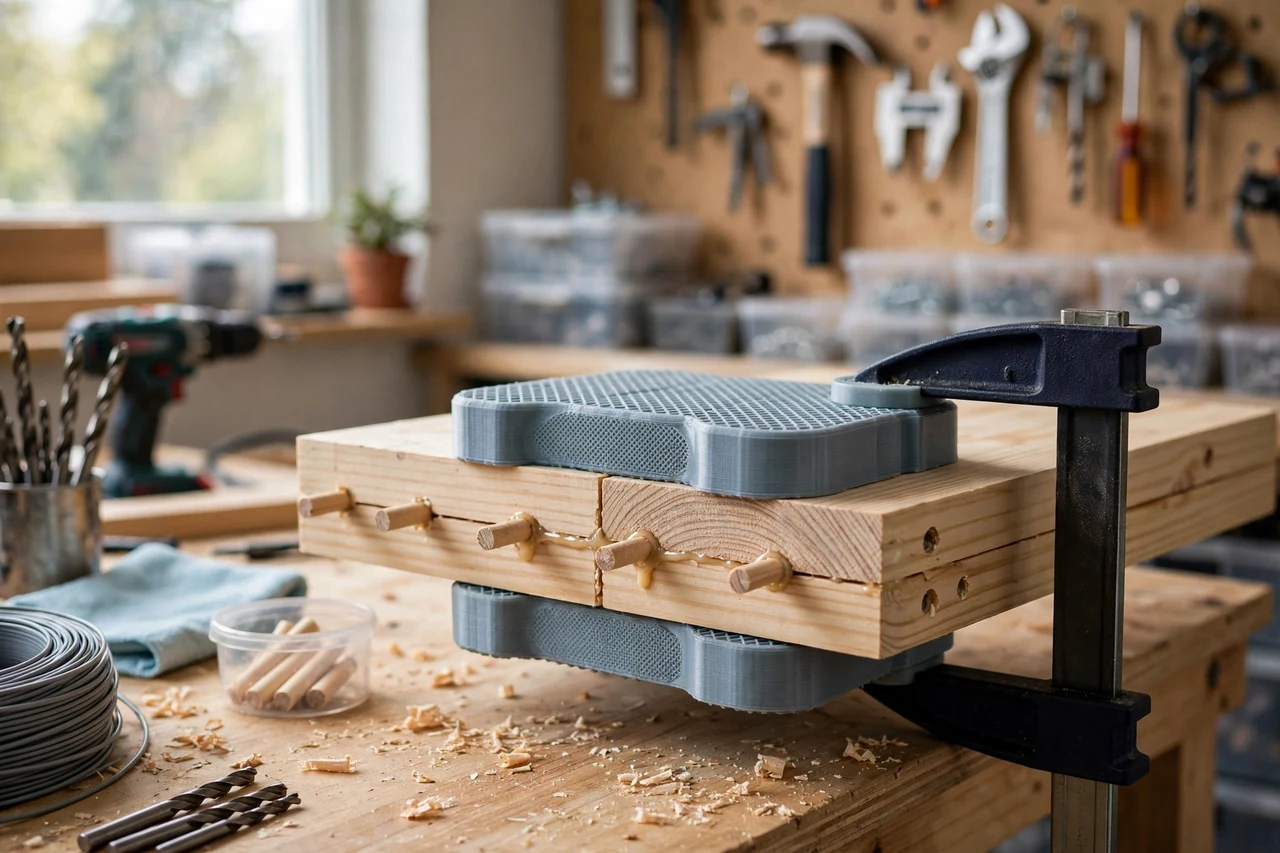 View of the finished 3D printed doweling jig clamp pads in use on a home repair project on a workbench, tidy workshop background in soft focus, bright natural light