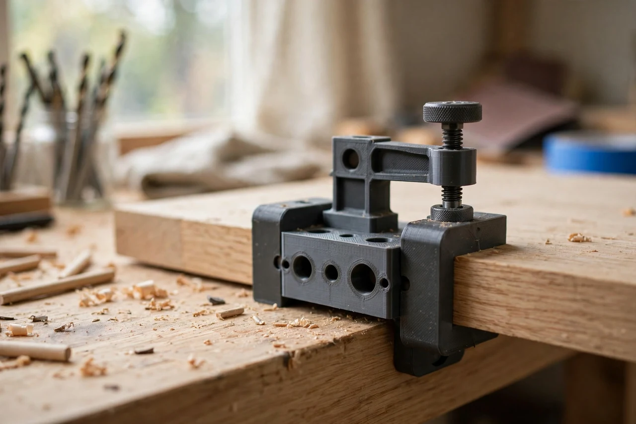 Home workshop scene on a light oak workbench, a matte charcoal-gray 3D printed doweling jig clamp pads holding a doweling jig pressed against a board edge, soft natural window light, shallow depth of field