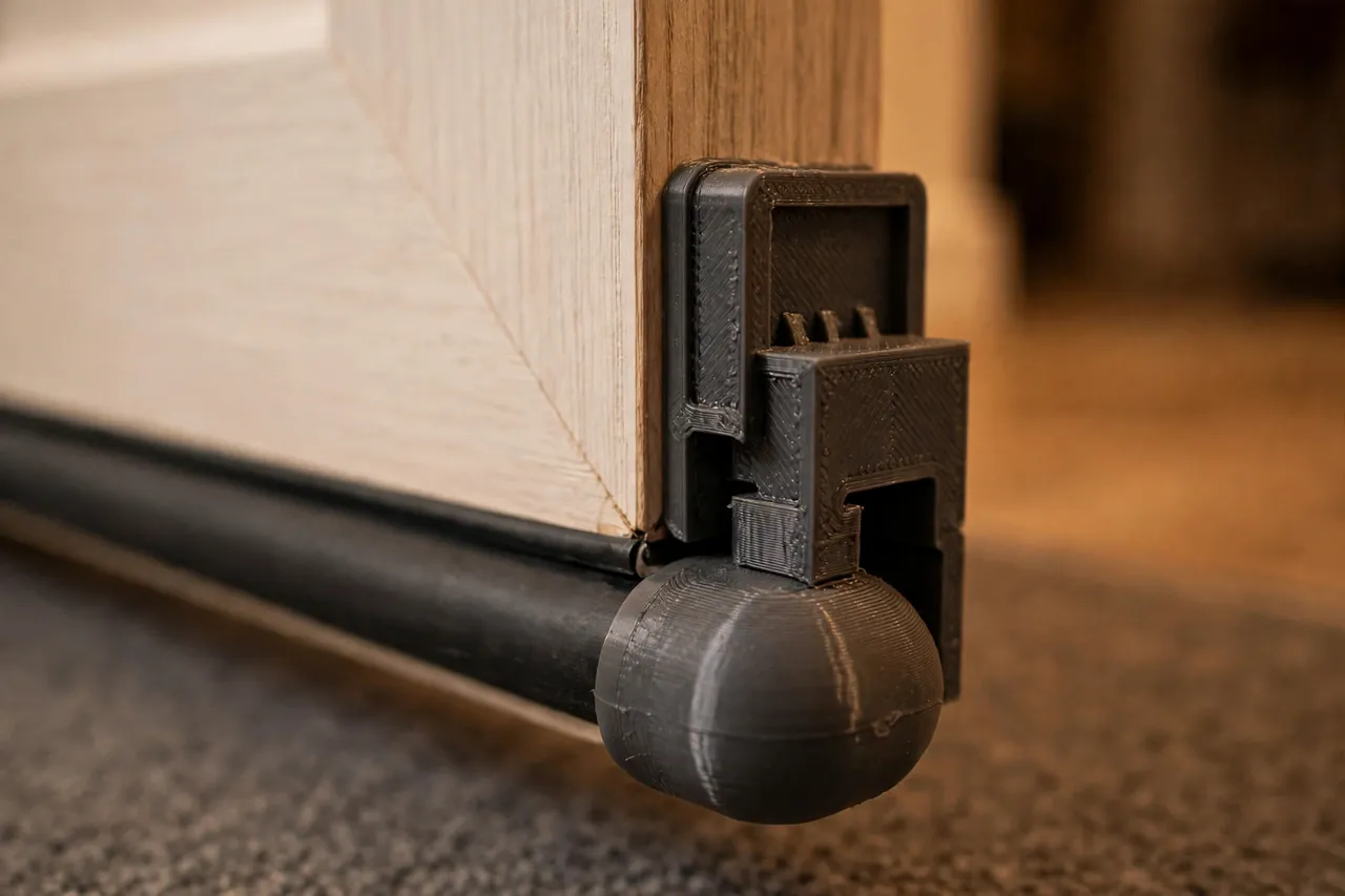 Close-up of a 3D printed end cap and slide-on bracket fitted to the bottom corner of a door