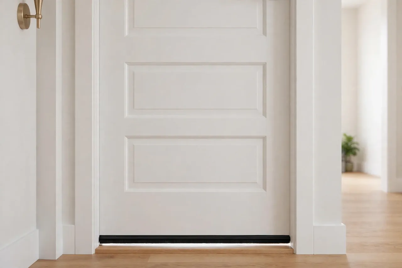 A finished door from the hallway side with the under-door seal sitting evenly along the threshold, no light gap visible beneath