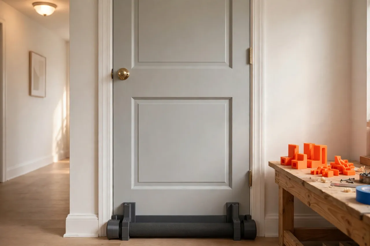 A bright hallway with a painted interior door closed over a matte charcoal-gray 3D printed draft stopper kit