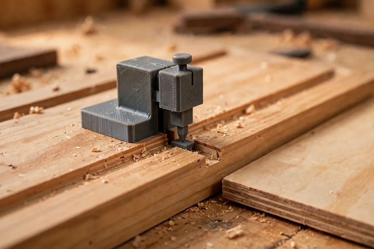 Close-up view of a 3D printed groove depth gauge and guide block checking the depth of a freshly cut groove in a drawer side board