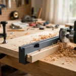 A bright home workshop scene on a light oak workbench