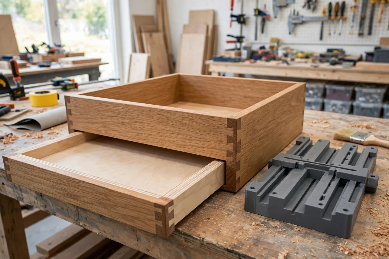A finished wooden drawer with its bottom panel slid neatly into grooves on all four sides