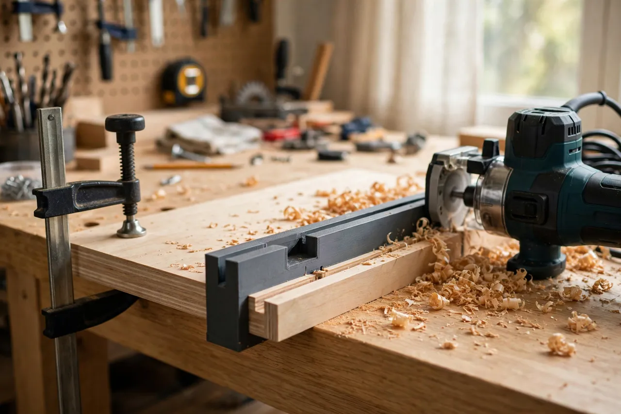 A bright home workshop scene on a light oak workbench