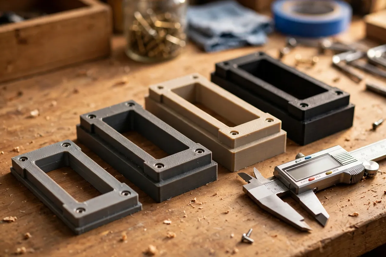Close-up view of several 3D printed drawer box adapters in different thicknesses arranged on a workbench beside calipers