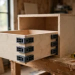 A bright home workshop scene with a wooden drawer box half-slid into a cabinet carcass