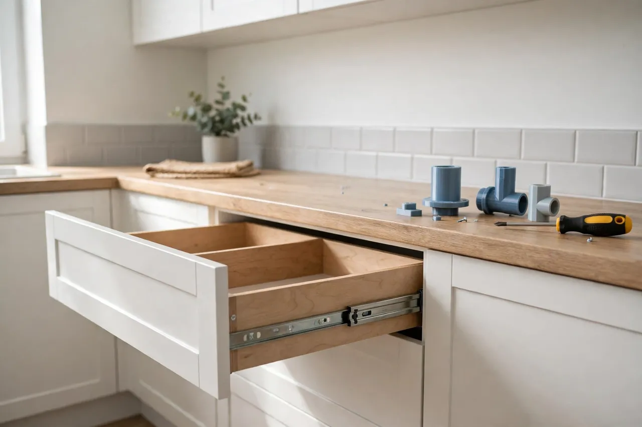 A finished kitchen drawer sliding smoothly open in a bright clean home interior