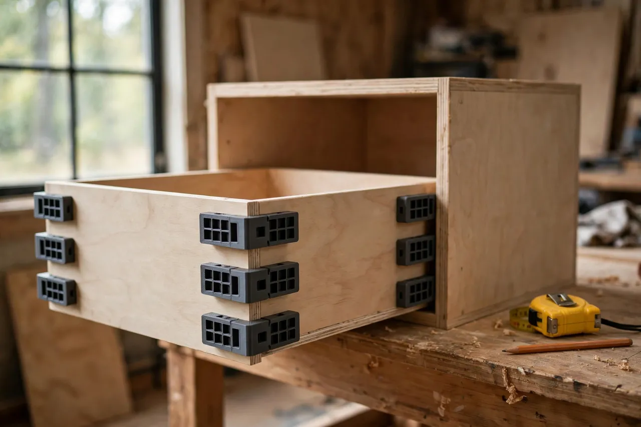 A bright home workshop scene with a wooden drawer box half-slid into a cabinet carcass