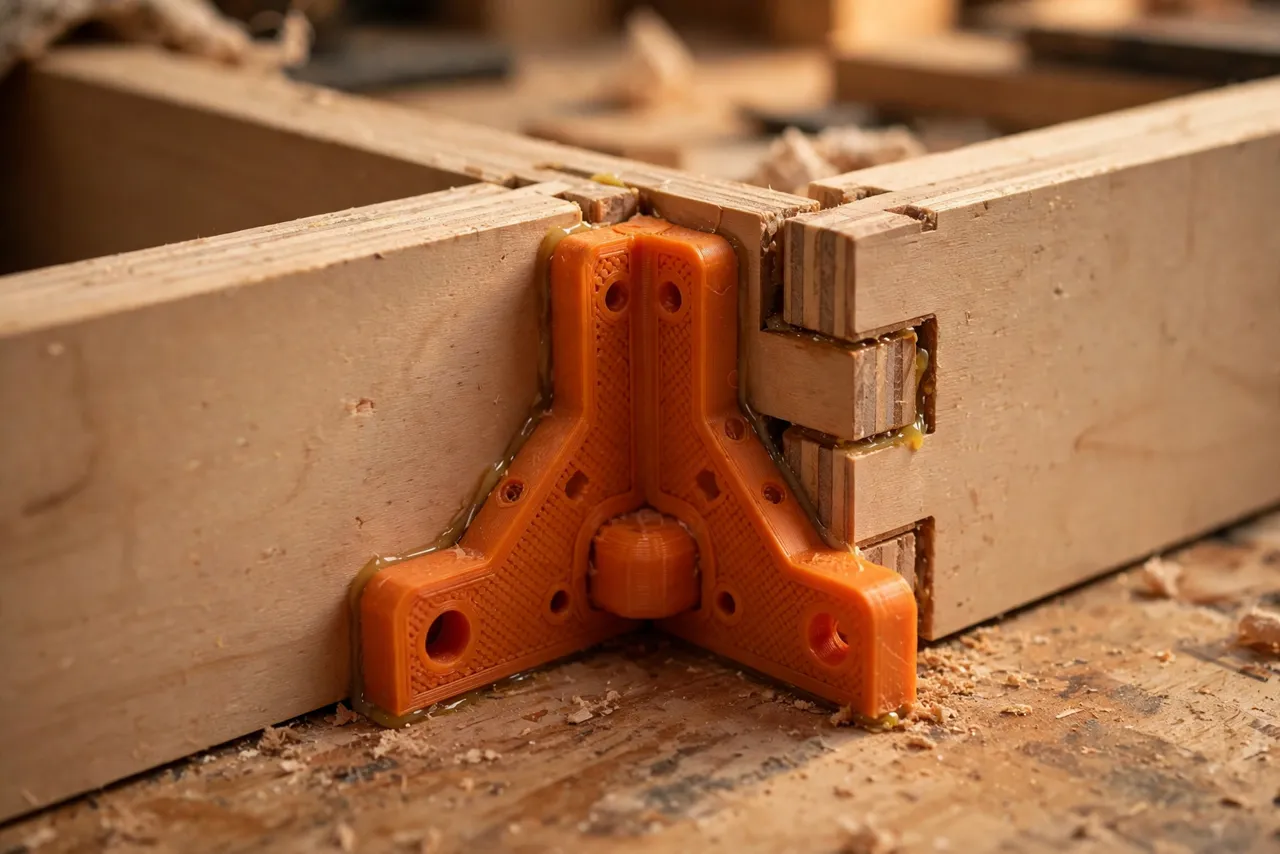 Close-up view of a 3D printed corner squaring jig pressed into the inside corner of a drawer box joint