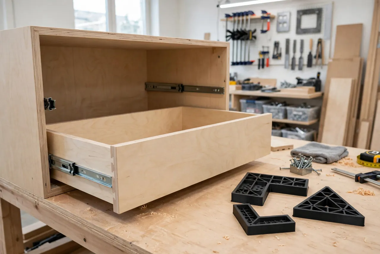 A finished drawer box sliding smoothly into a cabinet carcass