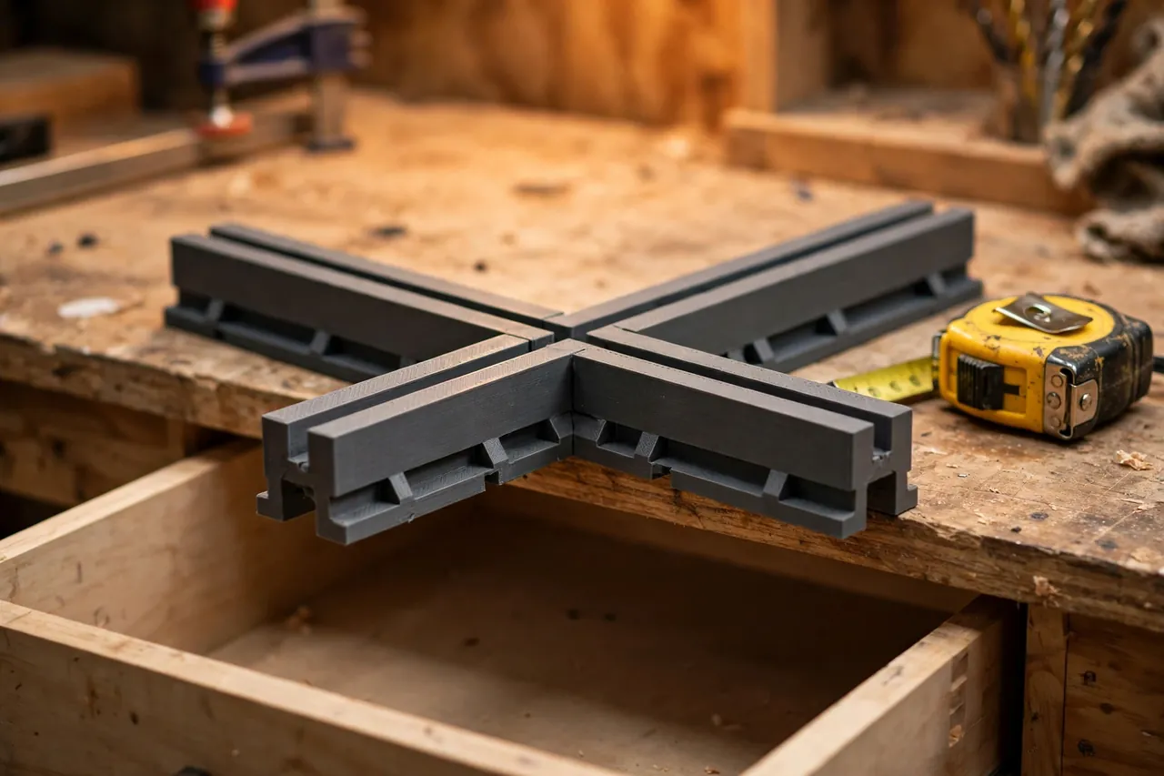 Close-up of two matte charcoal-gray 3D printed drawer divider sections slotting together at a cross joint above an empty drawer on a workbench