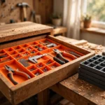 A bright home workshop scene with an open wooden tool drawer fitted with a neat bright-orange 3D printed divider grid holding sorted hand tools