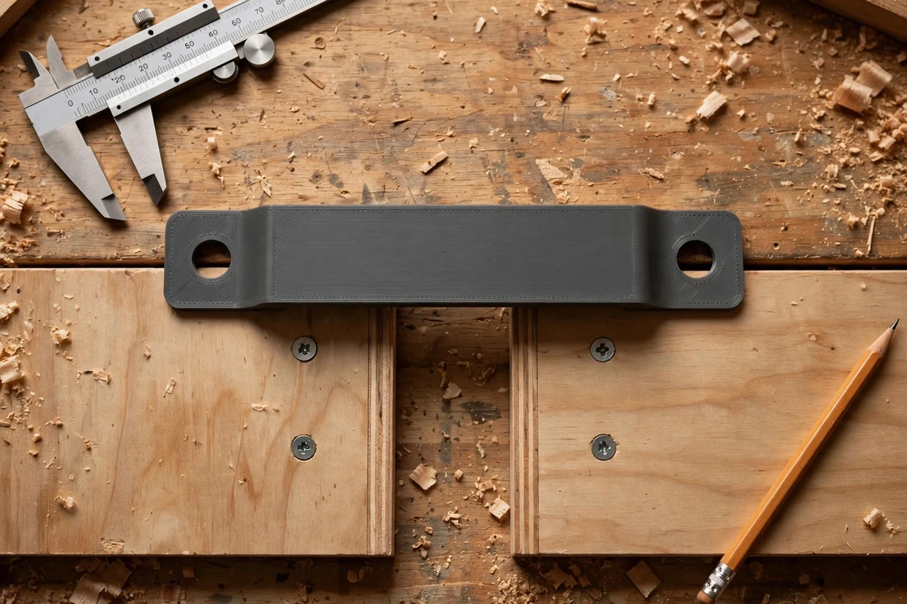 Close-up top-down view of a matte charcoal-gray 3D printed drawer handle spacing template being test-fitted against drawer fronts and handle screws on a workbench, calipers and a pencil nearby, warm workshop lighting