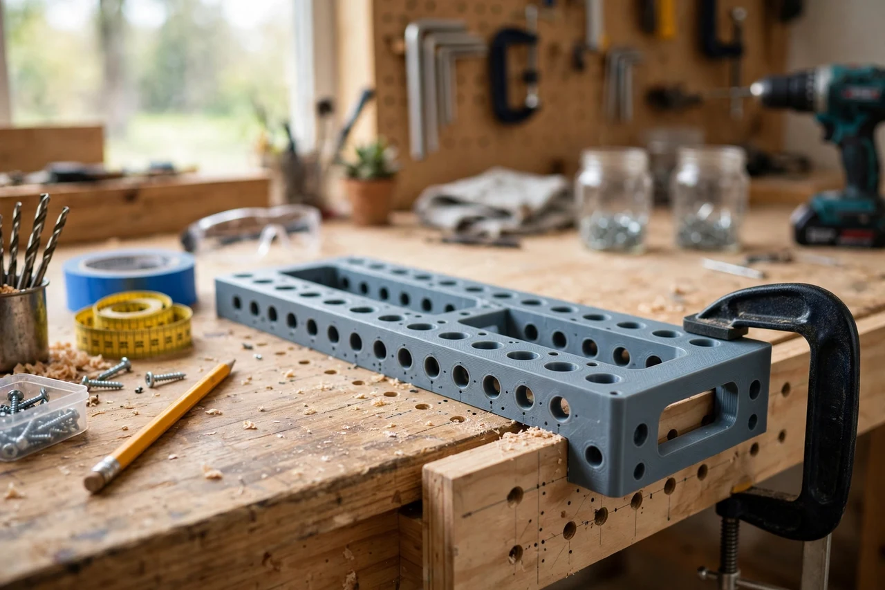 View of the finished 3D printed drawer handle spacing template in use on a home repair project on a workbench, tidy workshop background in soft focus, bright natural light