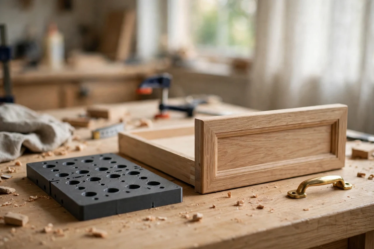Home workshop scene on a light oak workbench, a matte charcoal-gray 3D printed drawer handle spacing template beside a drawer front and a drawer handle, soft natural window light, shallow depth of field