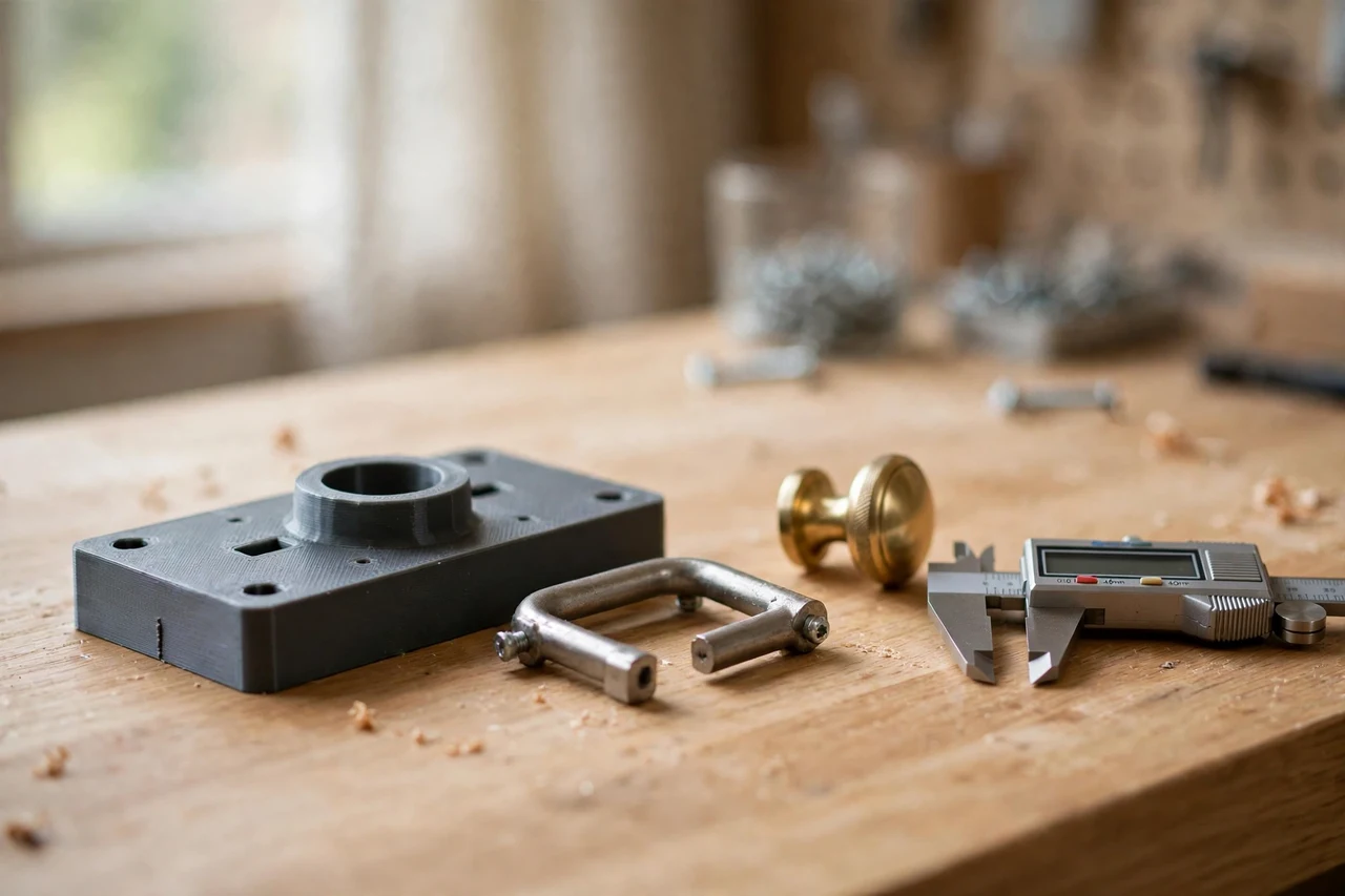 Home workshop scene on a light oak workbench, a matte charcoal-gray 3D printed drawer handle to knob adapter plate beside a drawer handle fitting and a knob and a pair of calipers, soft natural window light, shallow depth of field